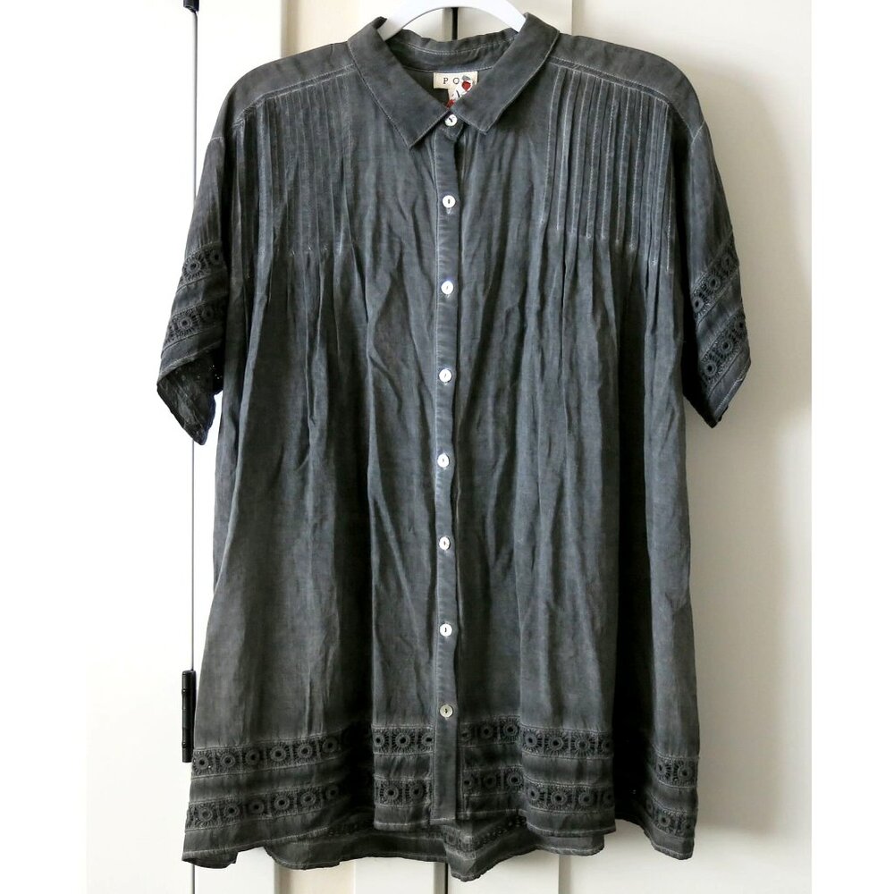 NWT POL Gray Wash Floral Embroidered Pin Tucked Blouse Top Oversized - S